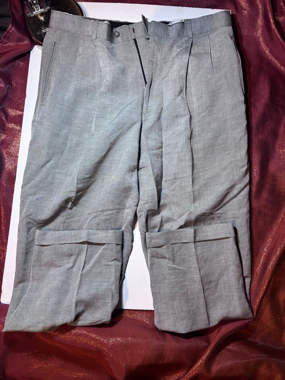 Mens Linen Blend Dress Pants 35 30 Gray Pleated Front Cuffed Trousers